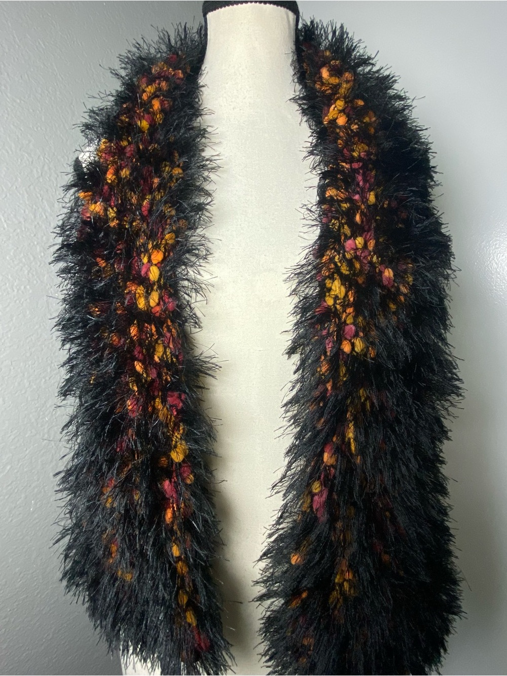 Y2K Whimsygoth Black & Orange Boucle & Shag Knit Scarf